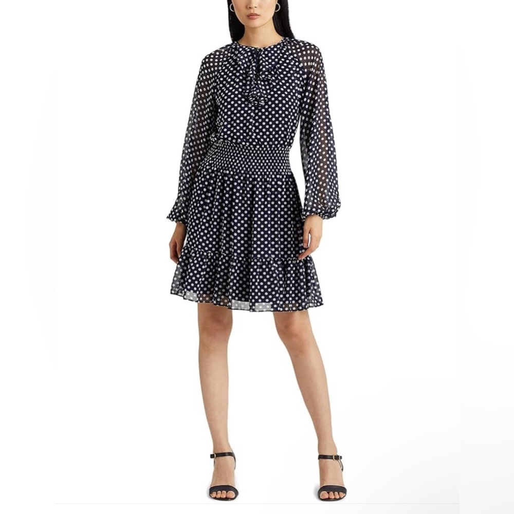 NWT Lauren Ralph Lauren Women's Polka-Dot Chiffon Long-Sleeve Dress
